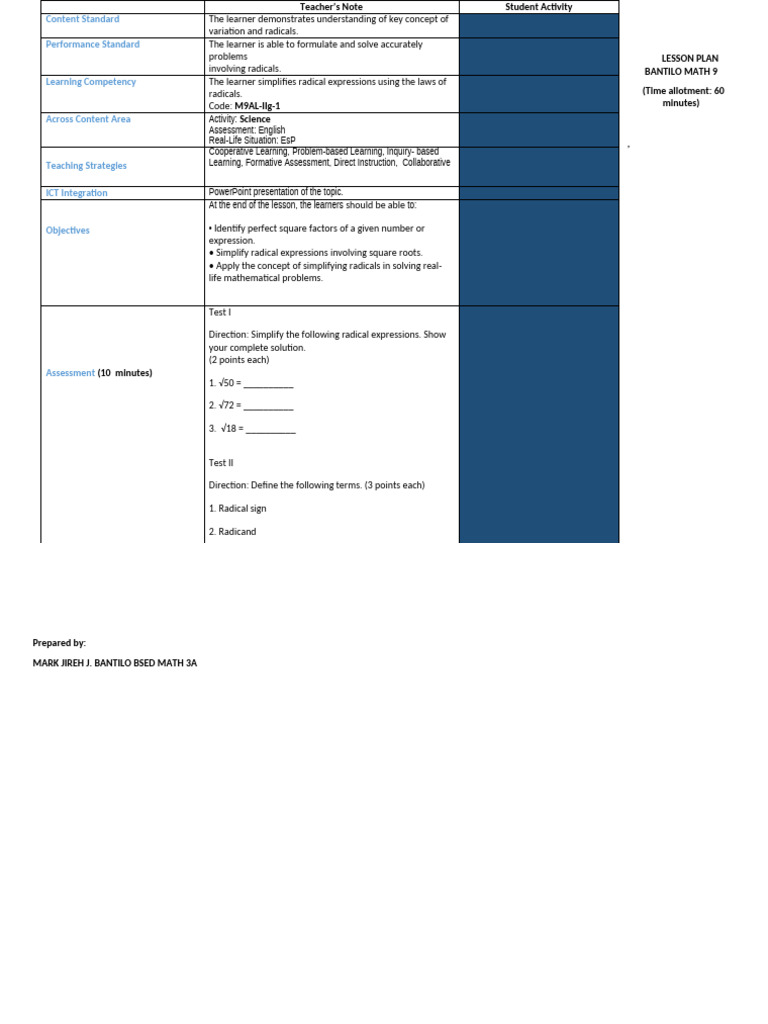 Lesson Plan Simplifying Radicals Expression9 | PDF