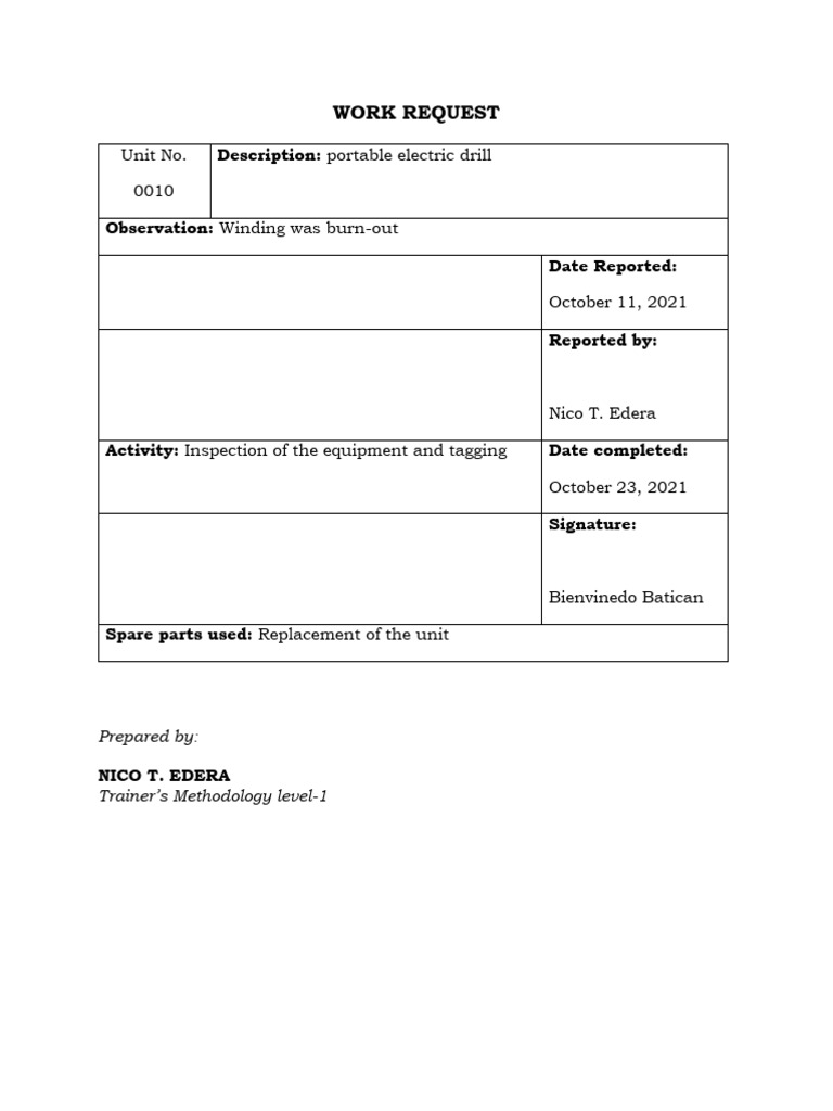 11th Actvity Work Request | PDF