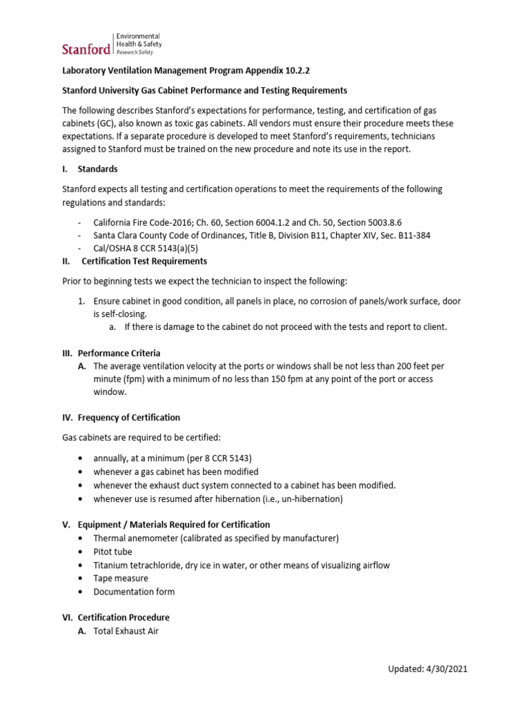 10.2.2 SU Gas Cabinet Testing and Performance Standards 4.30.21 | PDF ...
