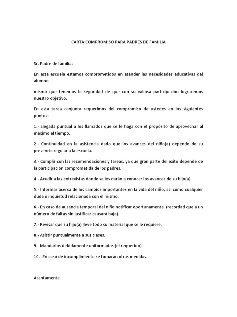Carta Compromiso para Padres de Familia | PDF | Salud y bienestar