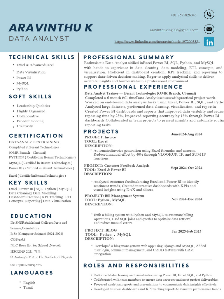 Aravinthu K Data Analyst Resume | PDF | Data Analysis | Microsoft Excel