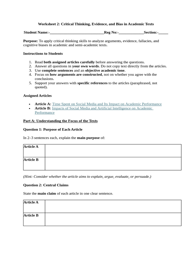 ? Worksheet-2 Critical Thinking, Evidence, & Bias in Academic Texts ...