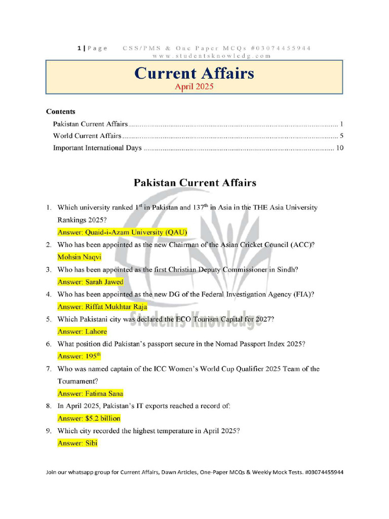 April 2025 - Full Month Current Affairs | PDF