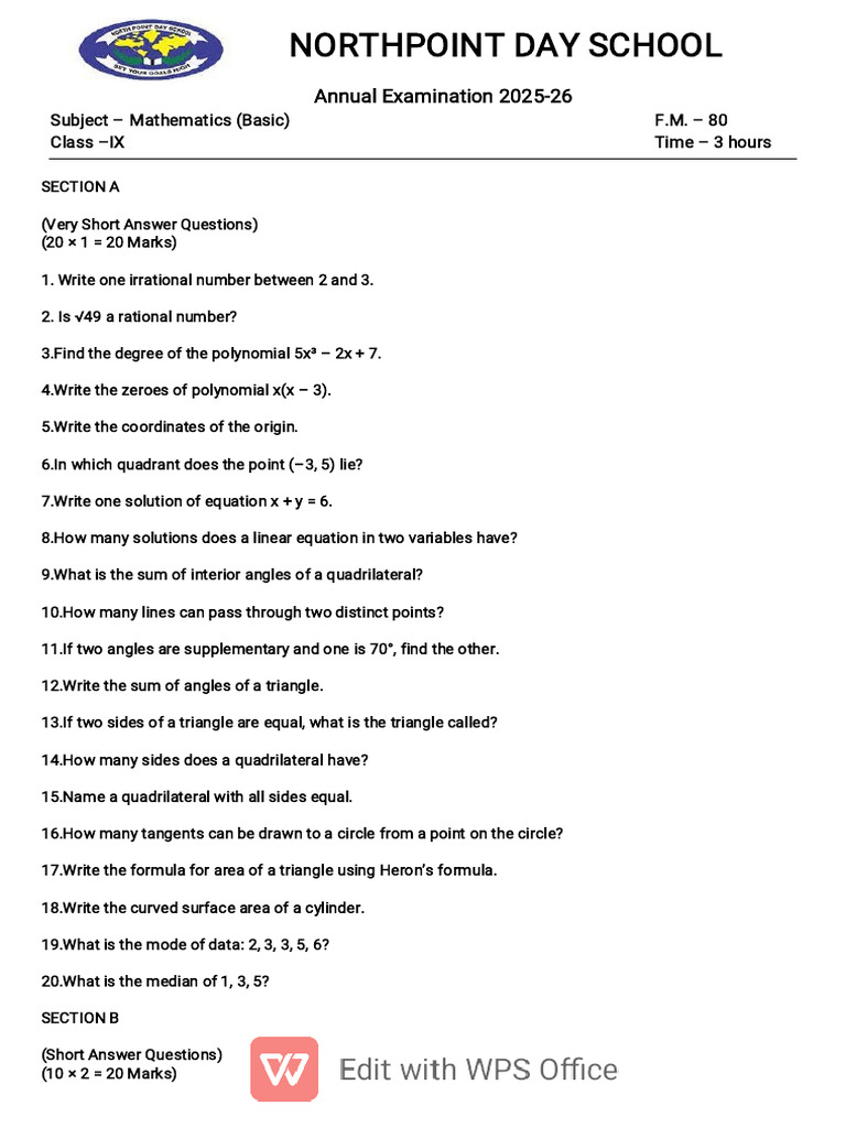 PA-4 Maths Basic Question Paper | PDF | Circle | Area