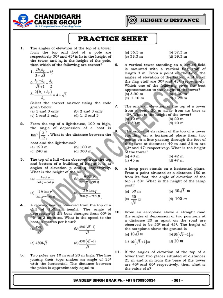 Ch-20 Height and Distance | PDF | Triangle | Elementary Geometry