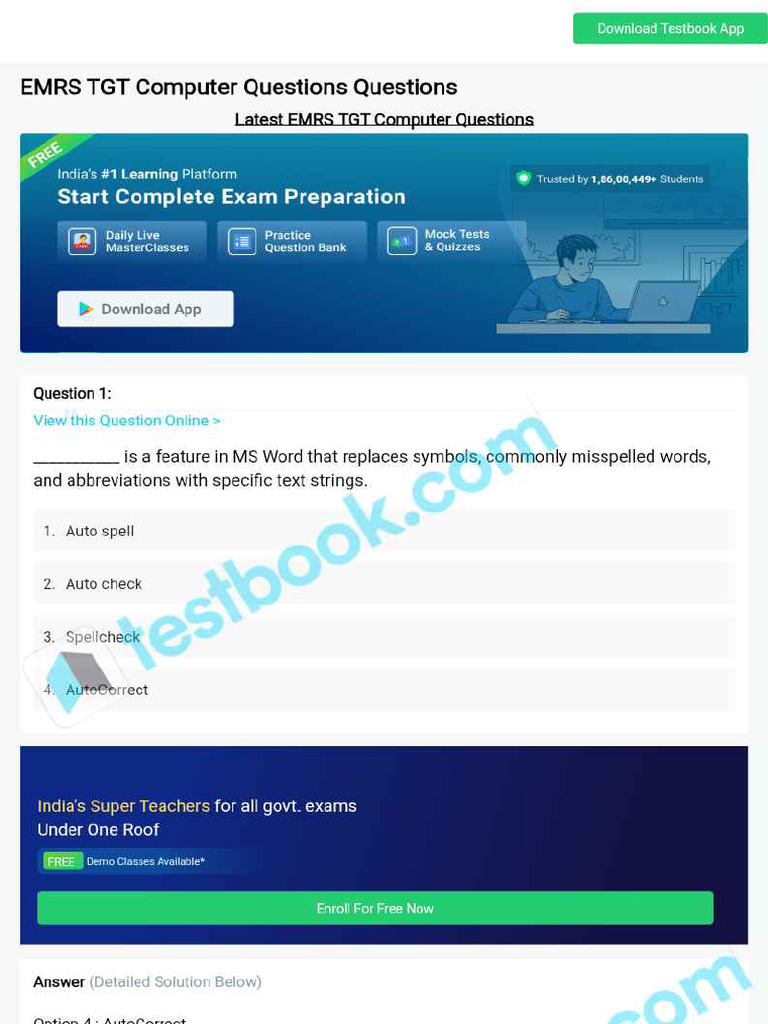 Emrs TGT Computer Questions 6483308d845a99cb9c415d49 | PDF