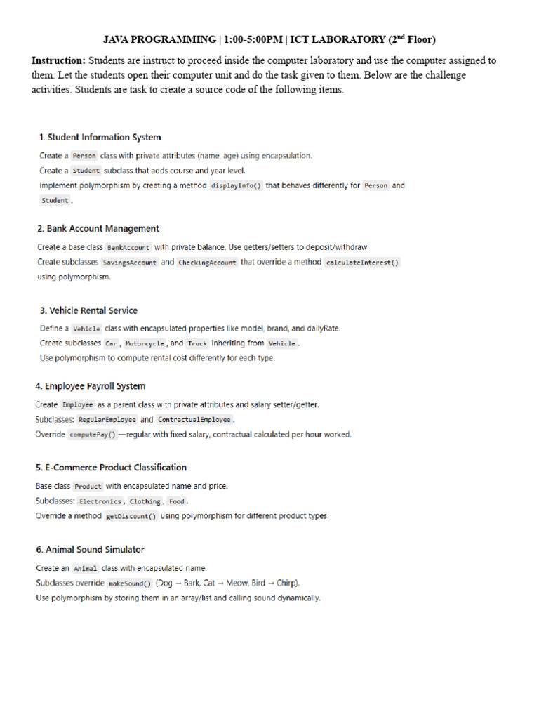 JAVA PROGRAMMING Afternoon Activity | PDF