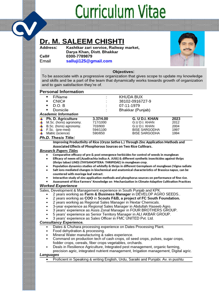 CV Dr. Saleem Chishti Projects | PDF | Rice | Crops