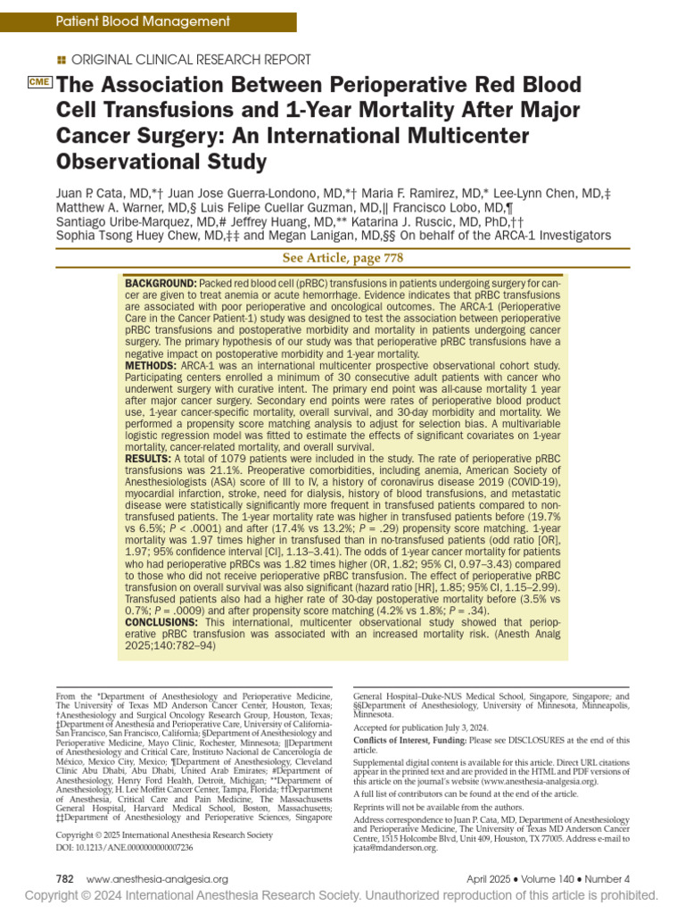 The Association Between Perioperative Red Blood Cell Transfusions and 1 ...