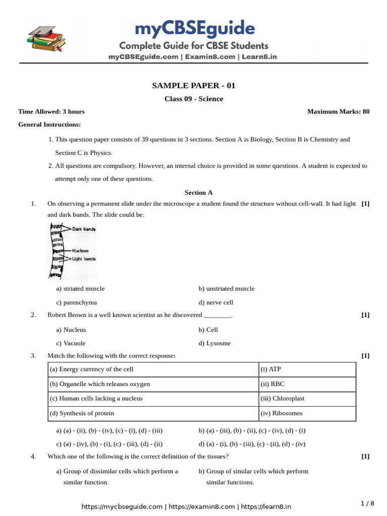 Science Sample Paper | PDF | Tissue (Biology) | Plant Stem