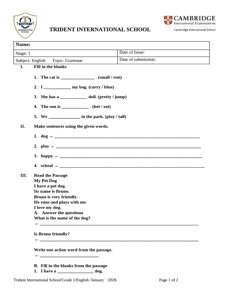 Grade 1 English January Worksheet - 2 | PDF