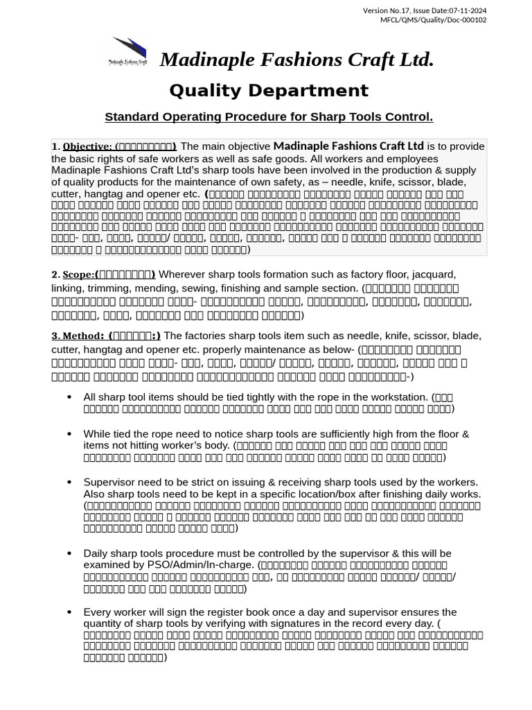 102.Sharp Tools Control Policy | PDF