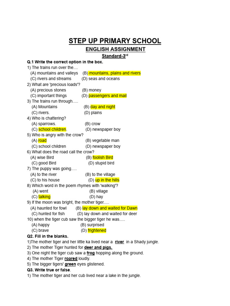 Standard 3rd English Assignment | PDF | Tiger