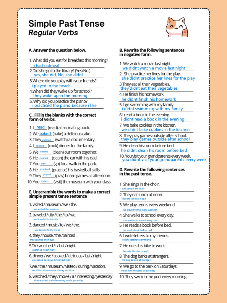 Simple Past Tense Regular Verbs Worksheet Light Orange Cute Simple ...