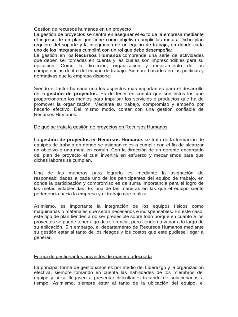 Gestion de Recursos Humanos en Un Proyecto | PDF | Gestión de recursos ...