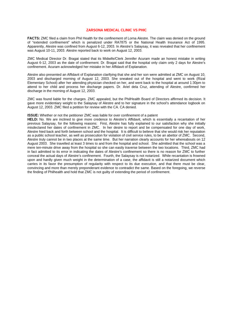 Zarsona Medical Clinic Vs Phic | PDF