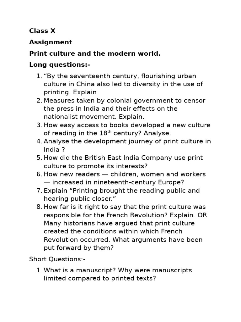 Print culture class 10 assignment | PDF | Newspapers | Manuscript