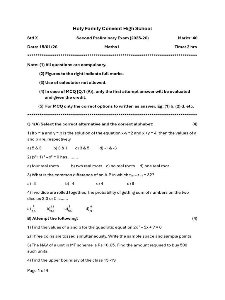 STD X SPE Maths I Qns Paper (2025-26) | PDF | Mathematics