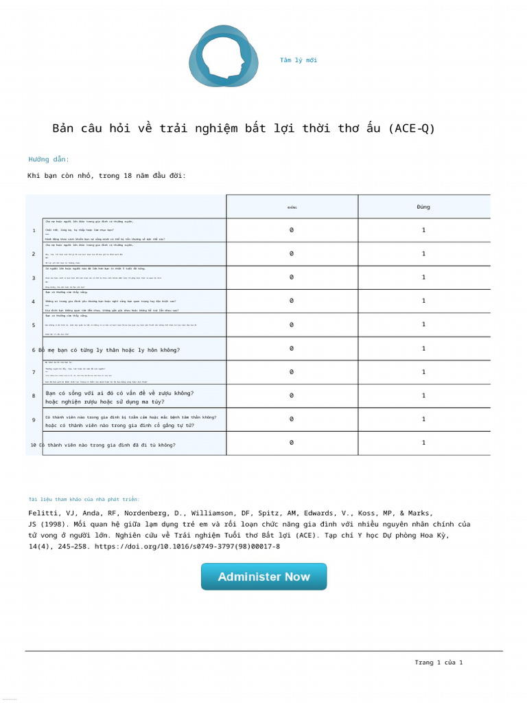 Adverse Childhood Experiences Questionnaire ACE ACE Q Trauma Assessment ...