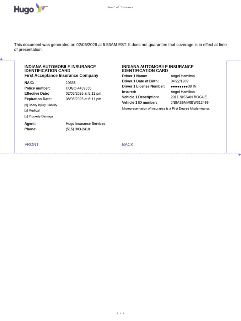 Hugo Temporary Proof of Insurance (1) | PDF