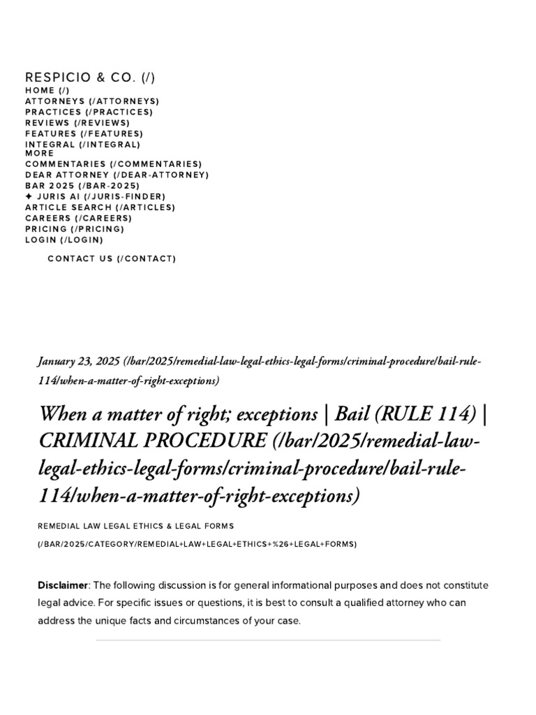 When A Matter of Right Exceptions - Bail (RULE 114) - CRIMINAL ...