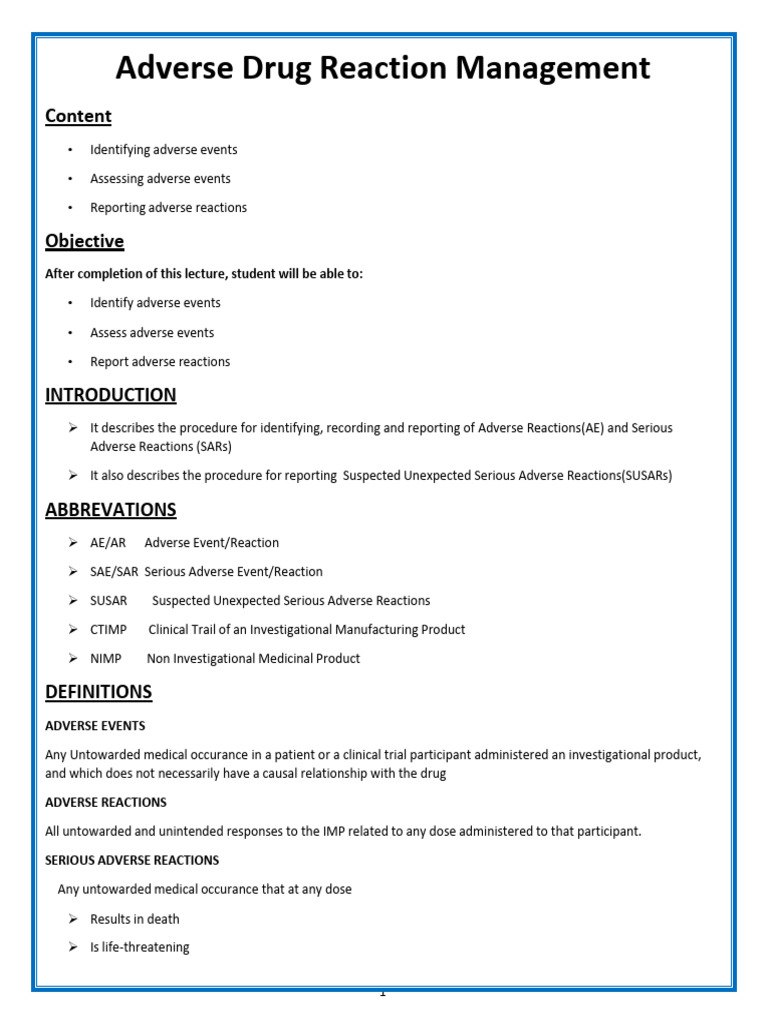 Adverse Drug Reaction Management Unit I | PDF | Adverse Effect | Dose ...