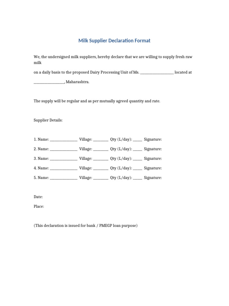 Milk Supplier Declaration Format | PDF