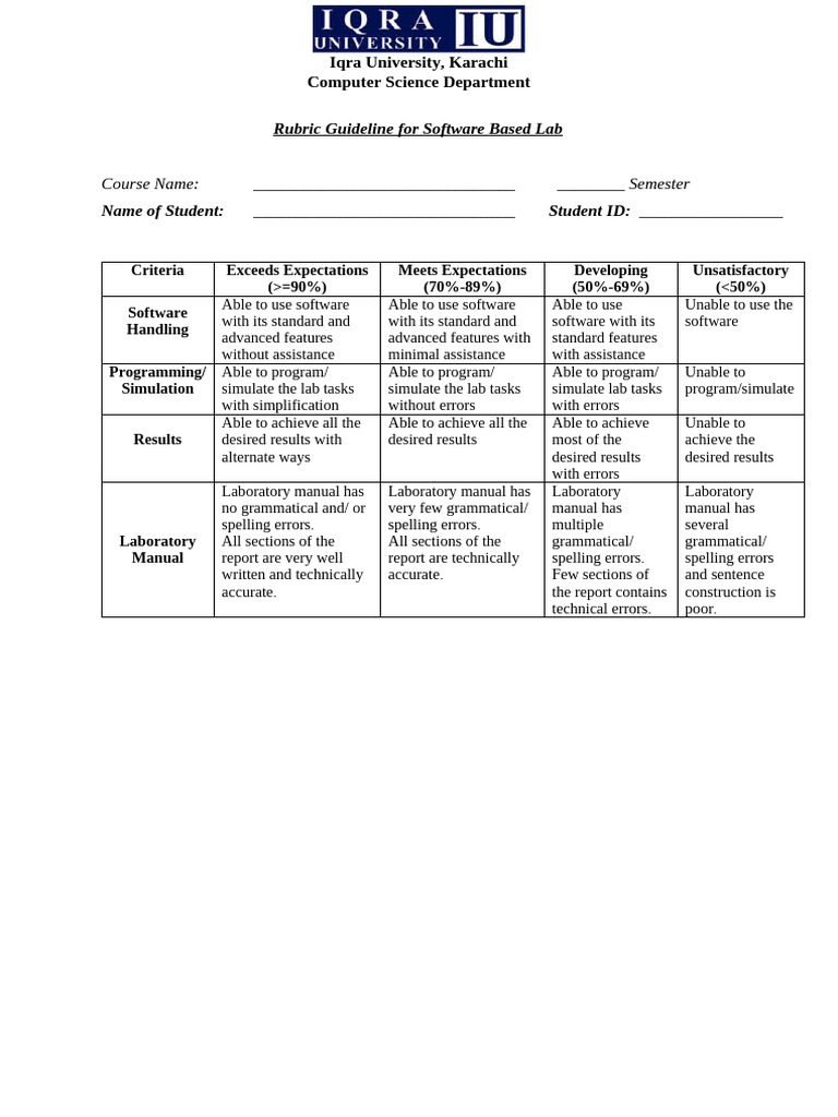 Lab Rubrics-Project - Rubrics Software Based Labs NEW | PDF | Computing