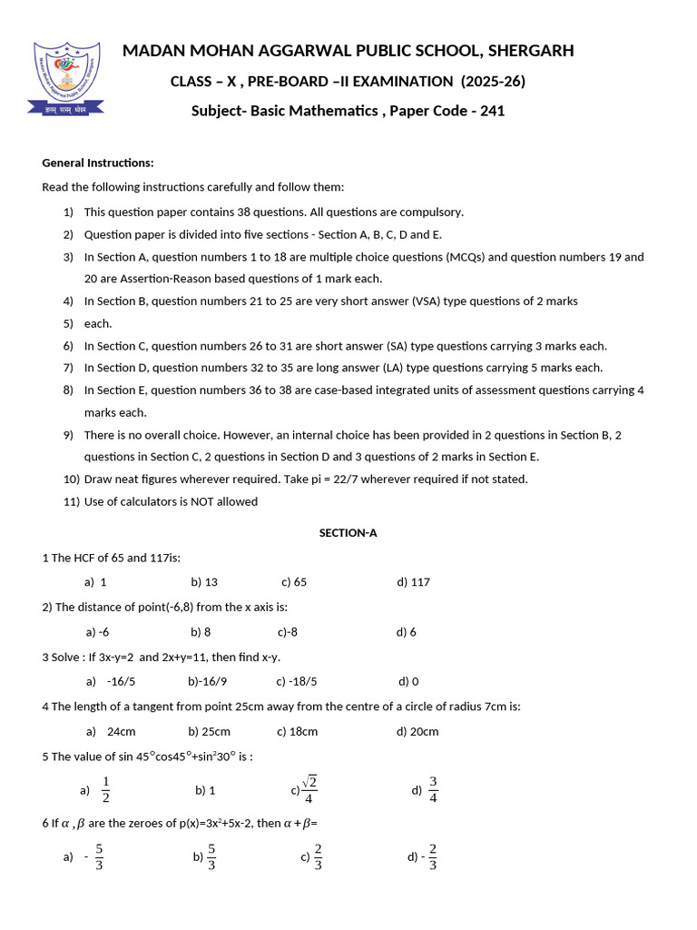 Basic Maths Paper Final | PDF | Sphere | Multiple Choice