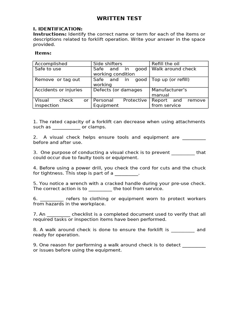 Written Test | PDF | Forklift | Mechanical Engineering