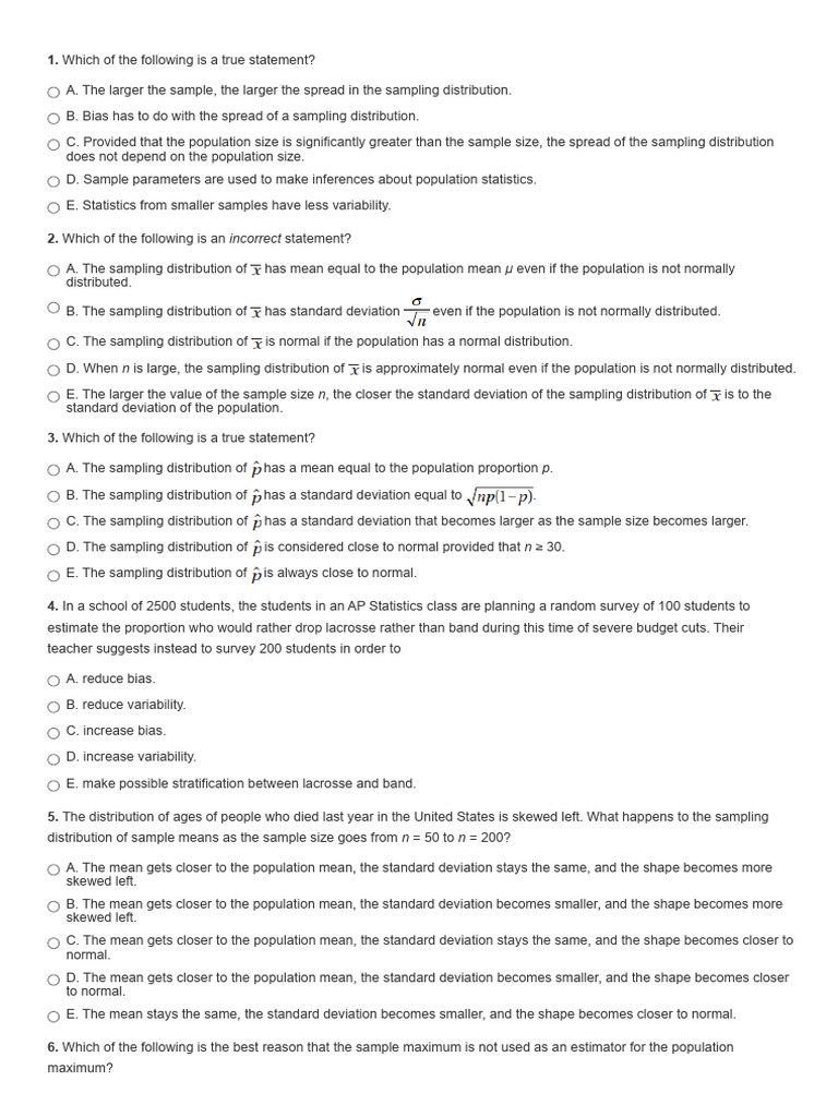 AP Statistics Multiple-Choice Practice Questions - Sampling ...