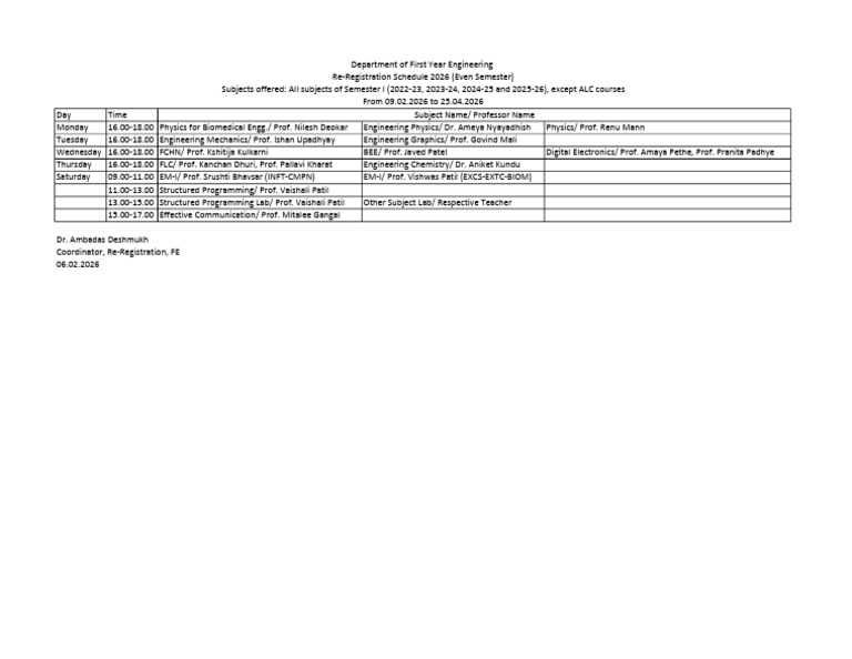 Reregistration Schedule For Subjects of Semester I (2025-26 Even ...