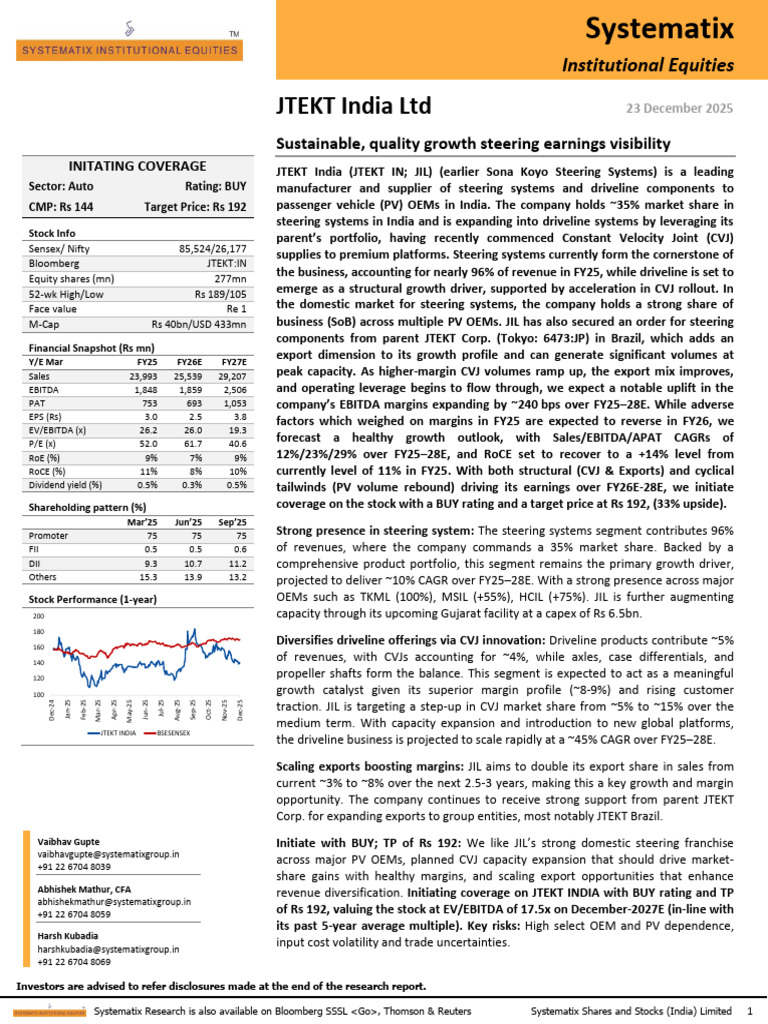 Systematix Initiates Coverage On JTEKT India With 33% UPSIDE ...