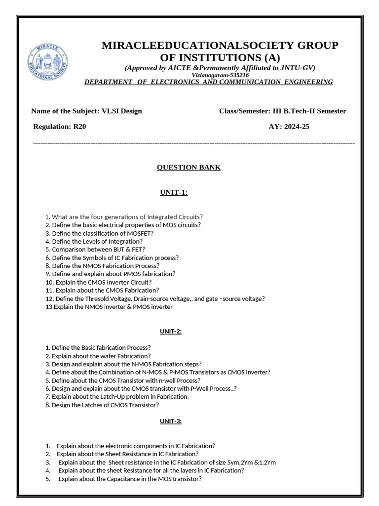 VLSI Design Question Bank | PDF | Cmos | Mosfet