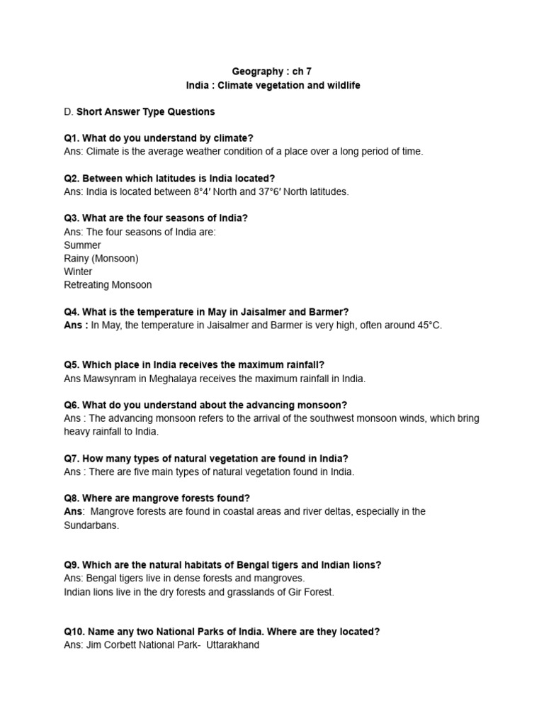 Geography - Ch 7 India - Climate Vegetation and Wildlife | PDF ...