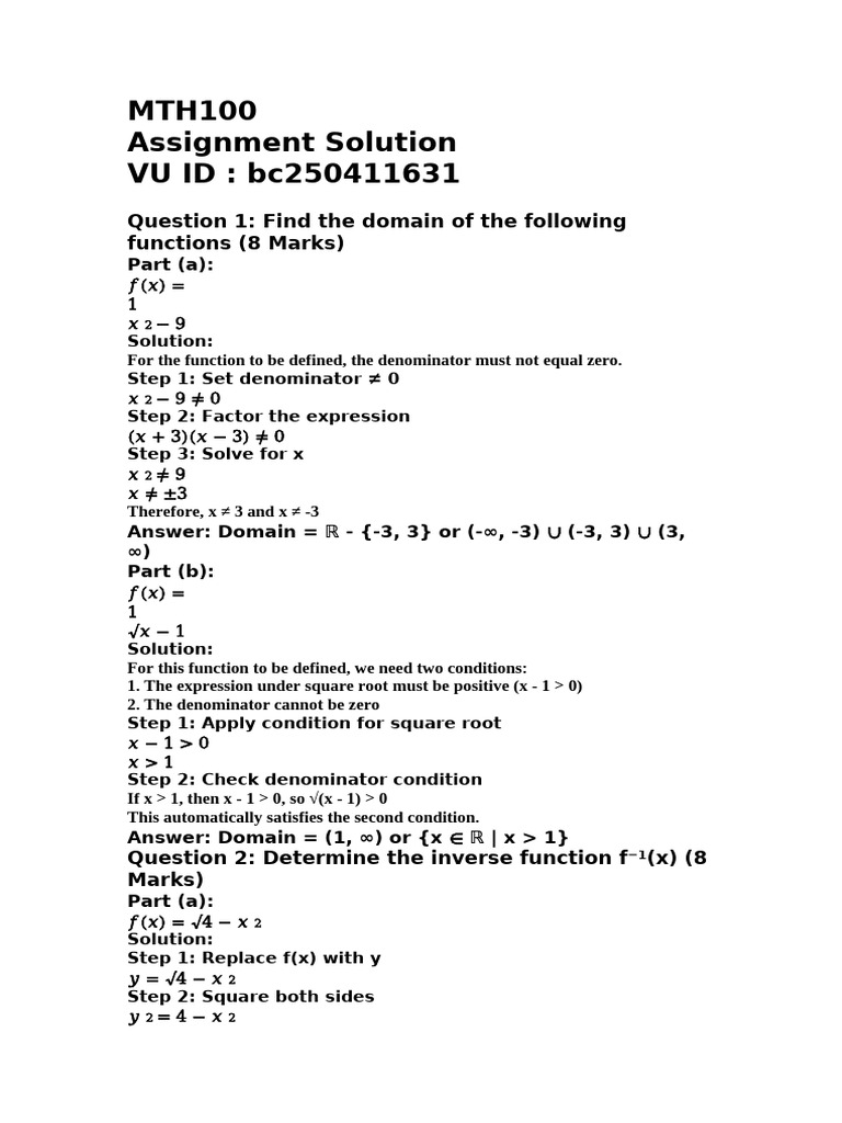 MTH100 assig Solution1 | PDF | Function (Mathematics) | Algebra