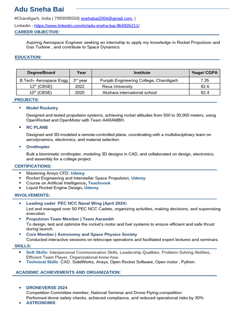 Sneha_Resume (1)[1][1] | PDF | Rocket | Aerospace Engineering