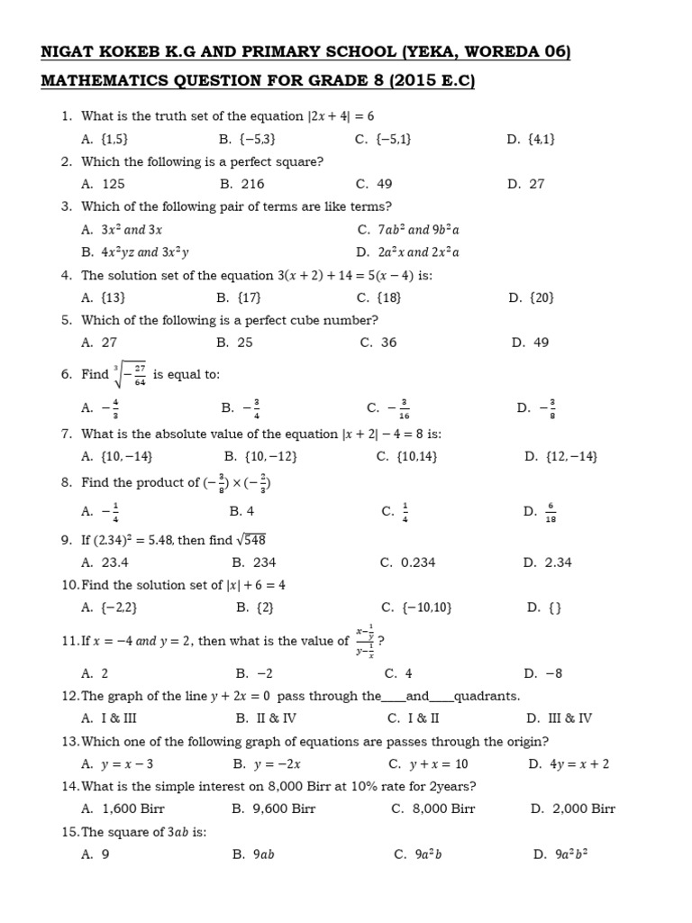 Mathematics Question For Grade 8 | PDF | Numbers | Square Root