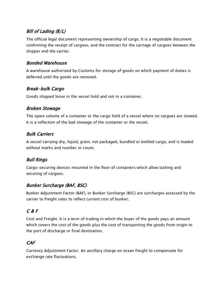 Glossary of International Shipping Terms | PDF | Cargo | Bill Of Lading