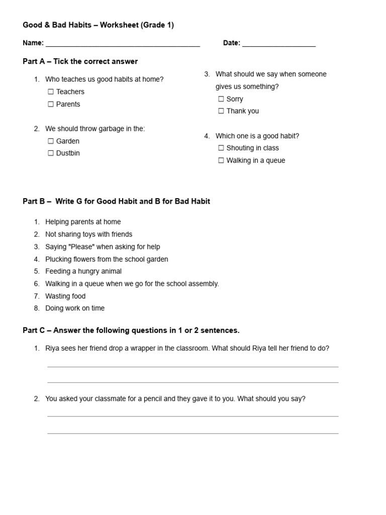 Good & Bad Habits - Worksheet (Grade 1) | PDF