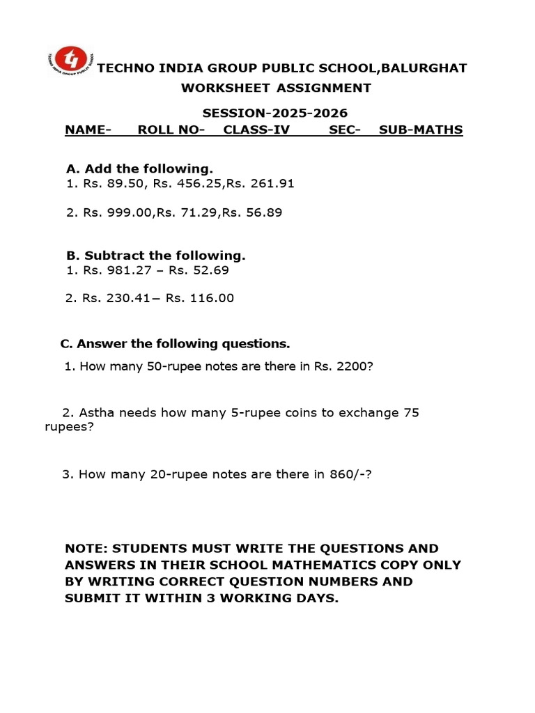 Class-4 MATH WS '25-'26 | PDF