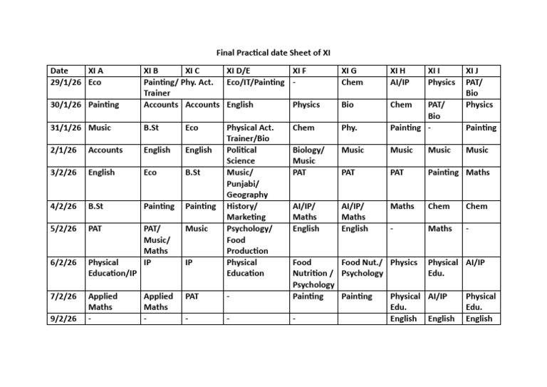 Final Practical Date Sheet of XI 2026 | PDF