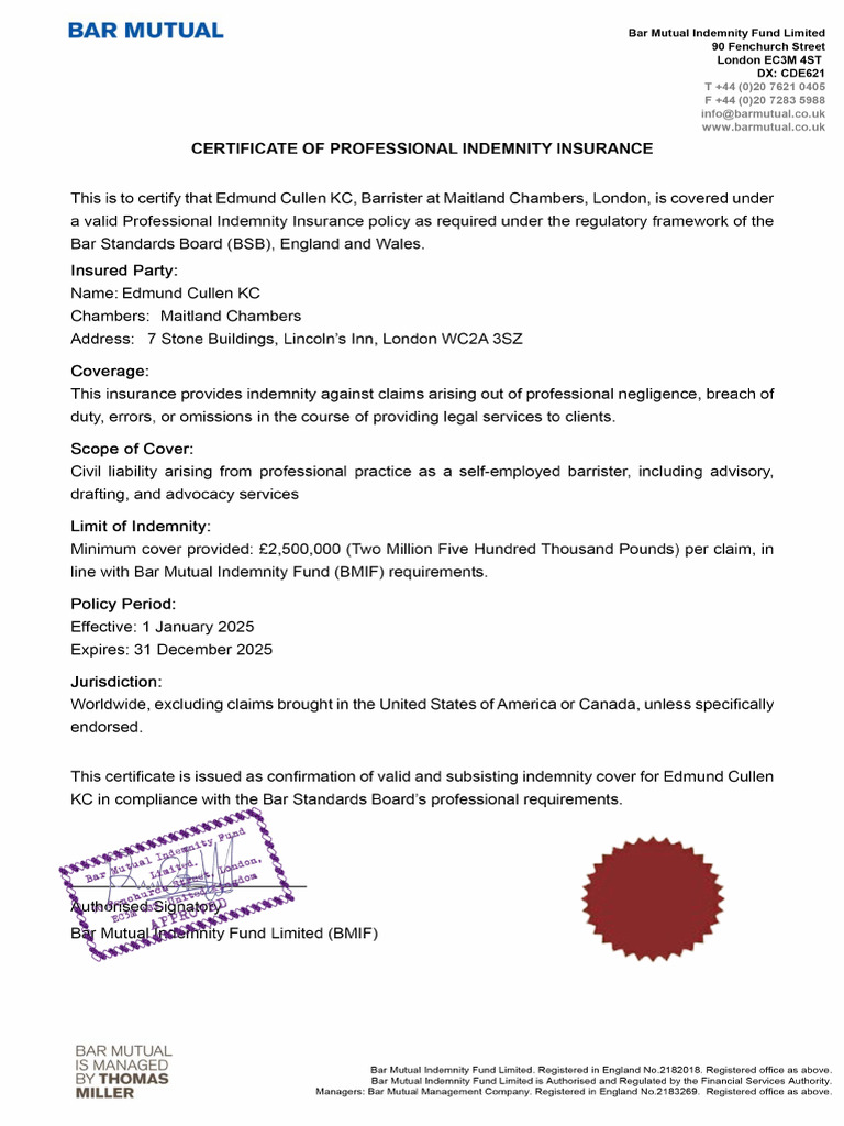 Professional Indemnity Insurance Certificate Edmund Cullen KC | PDF