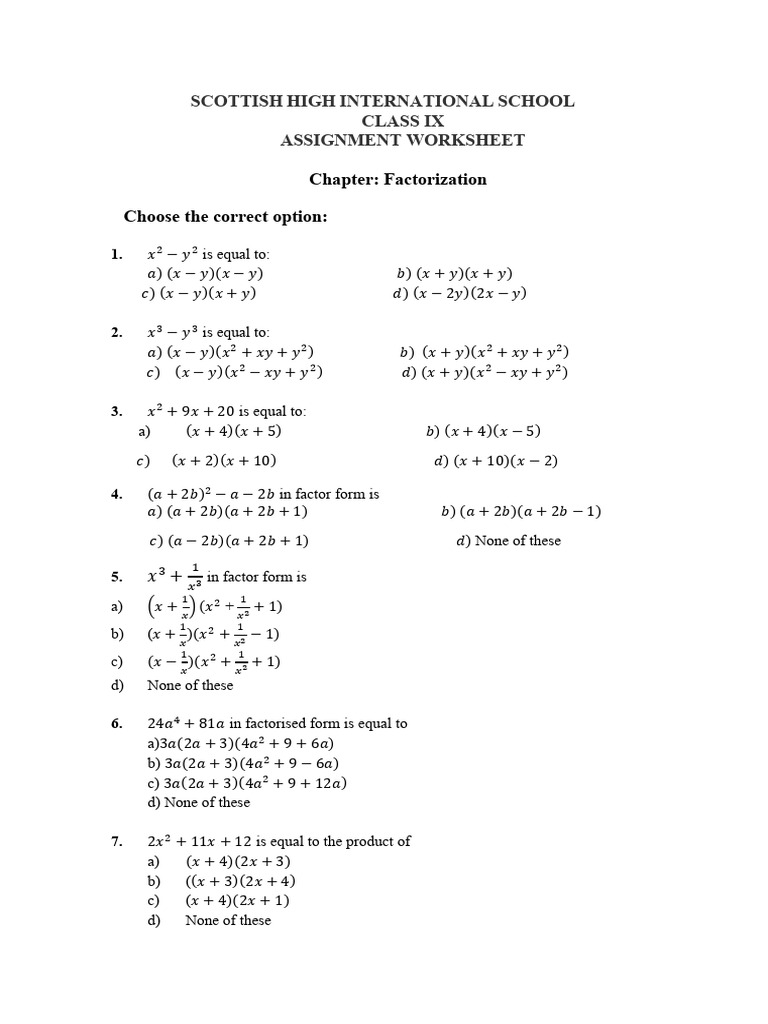 Chapter: Factorization Choose The Correct Option:: Scottish High ...