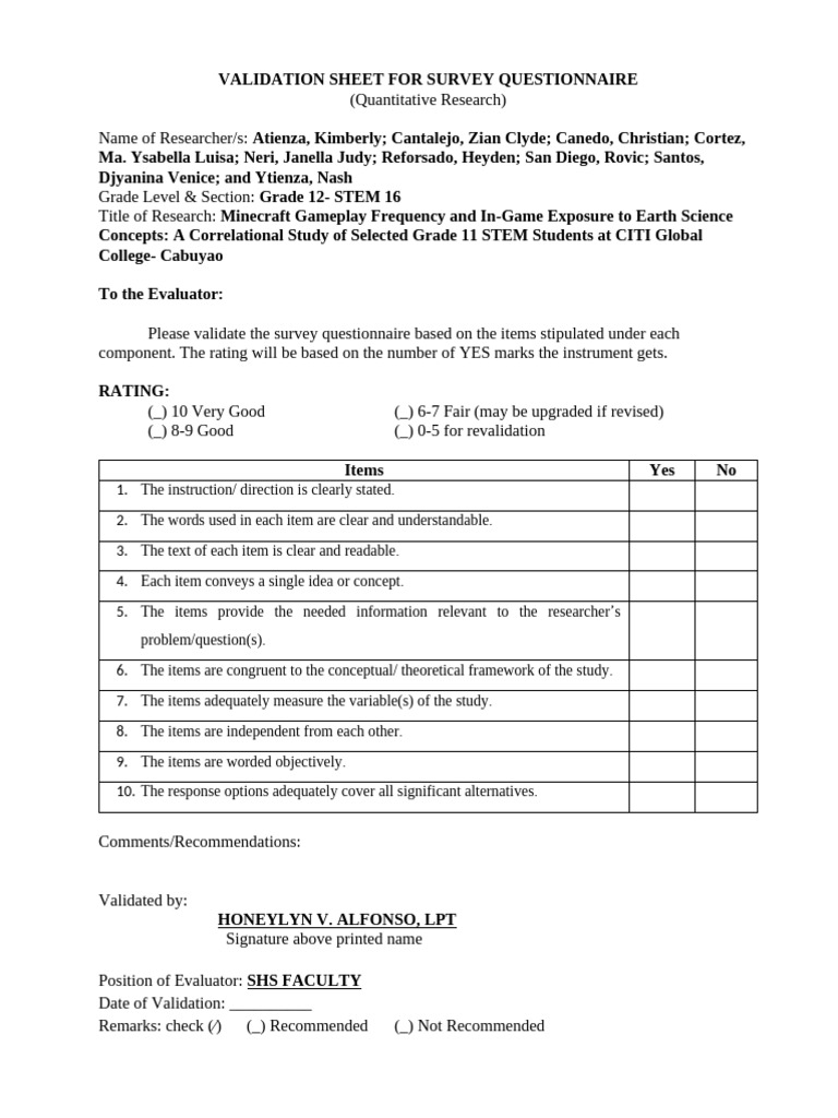 (Approved) g3_s16_validation Sheet for Survey Questionnaire | PDF