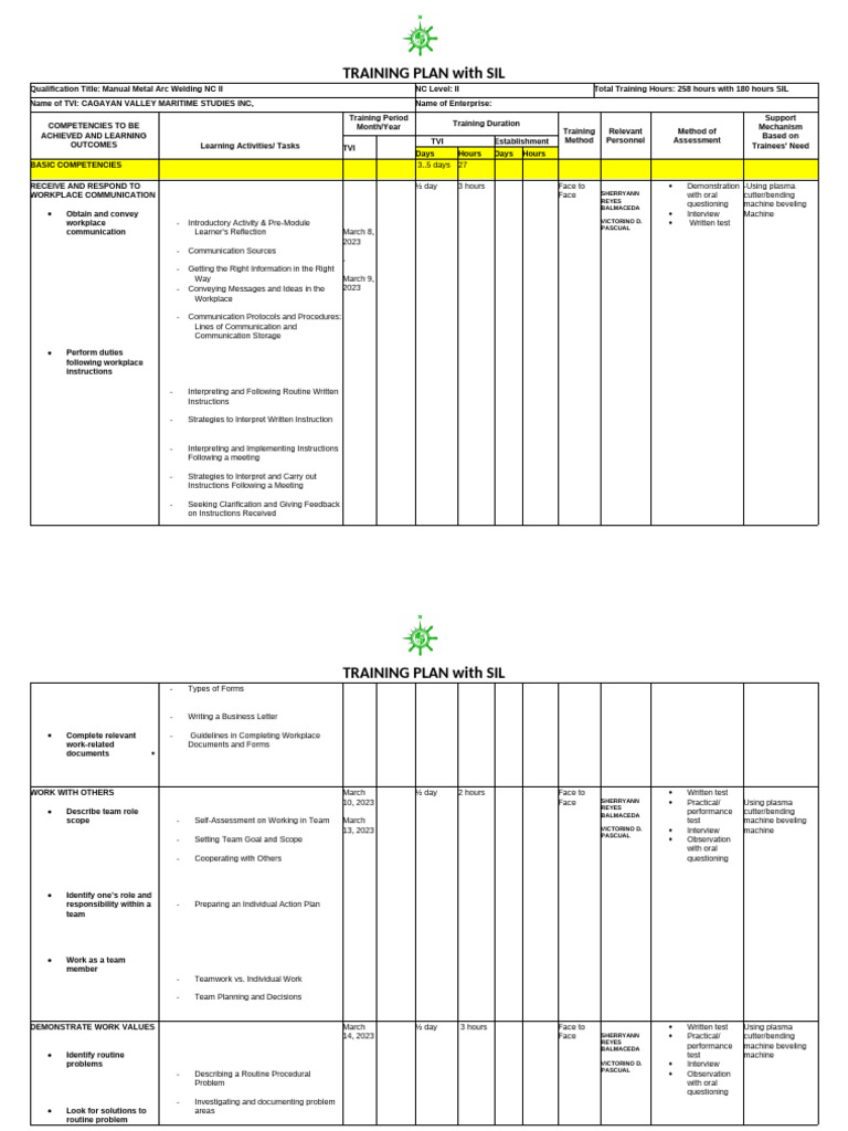 Training Plan Sil Final Dmi | PDF | Welding | Construction