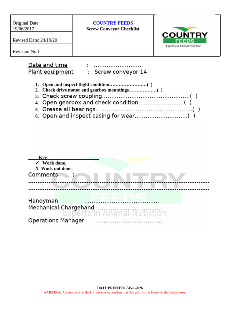 Check List For Screw Converyor 14 | PDF