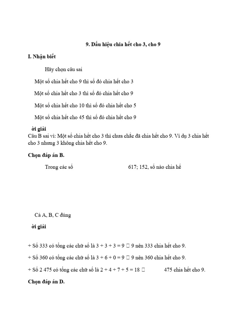 Trac Nghiem Dau Hieu Chia Het Cho 3 Cho 9 Co Dap An Toan Lop 6 Canh Di ...