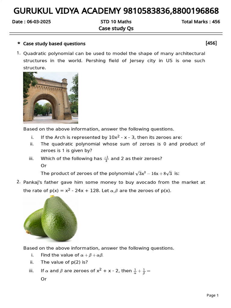 Case Study Qs Maths 10 TH | PDF | Polynomial | Quadratic Equation