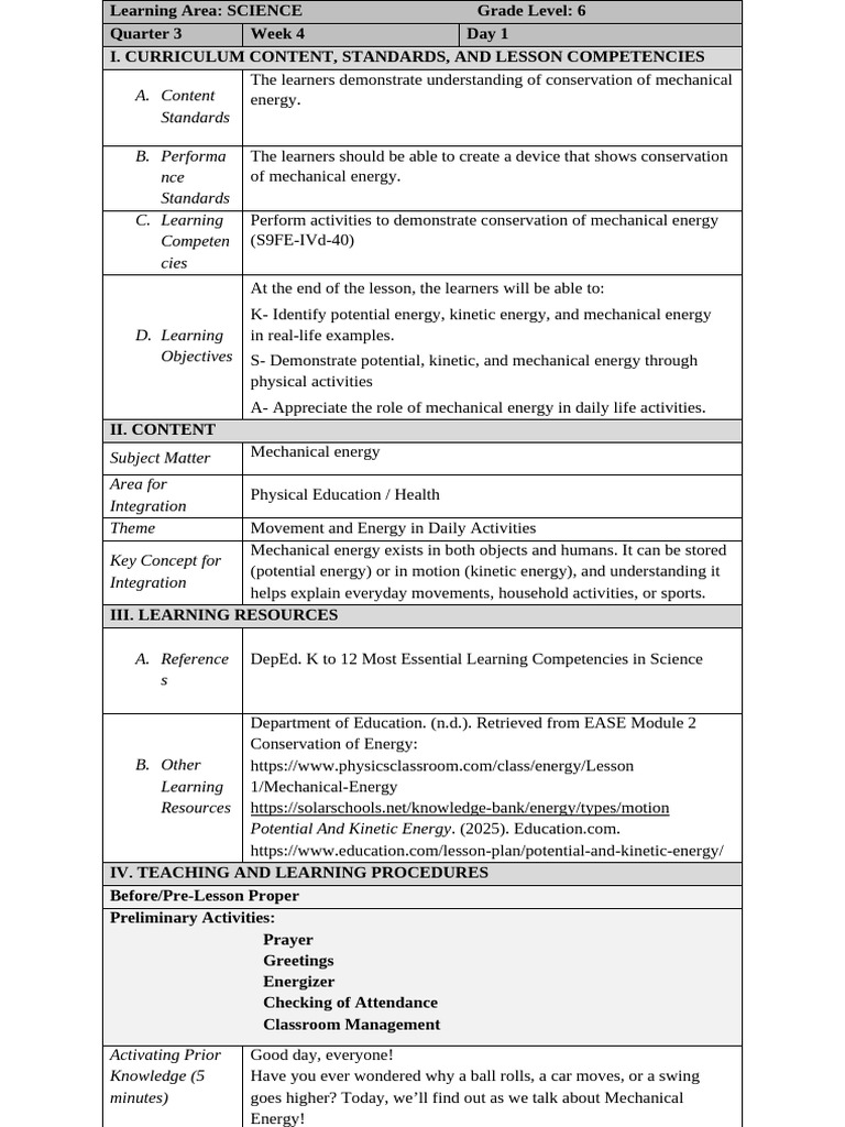 Lesson Plan Mechanical Energy | PDF | Learning | Cognition